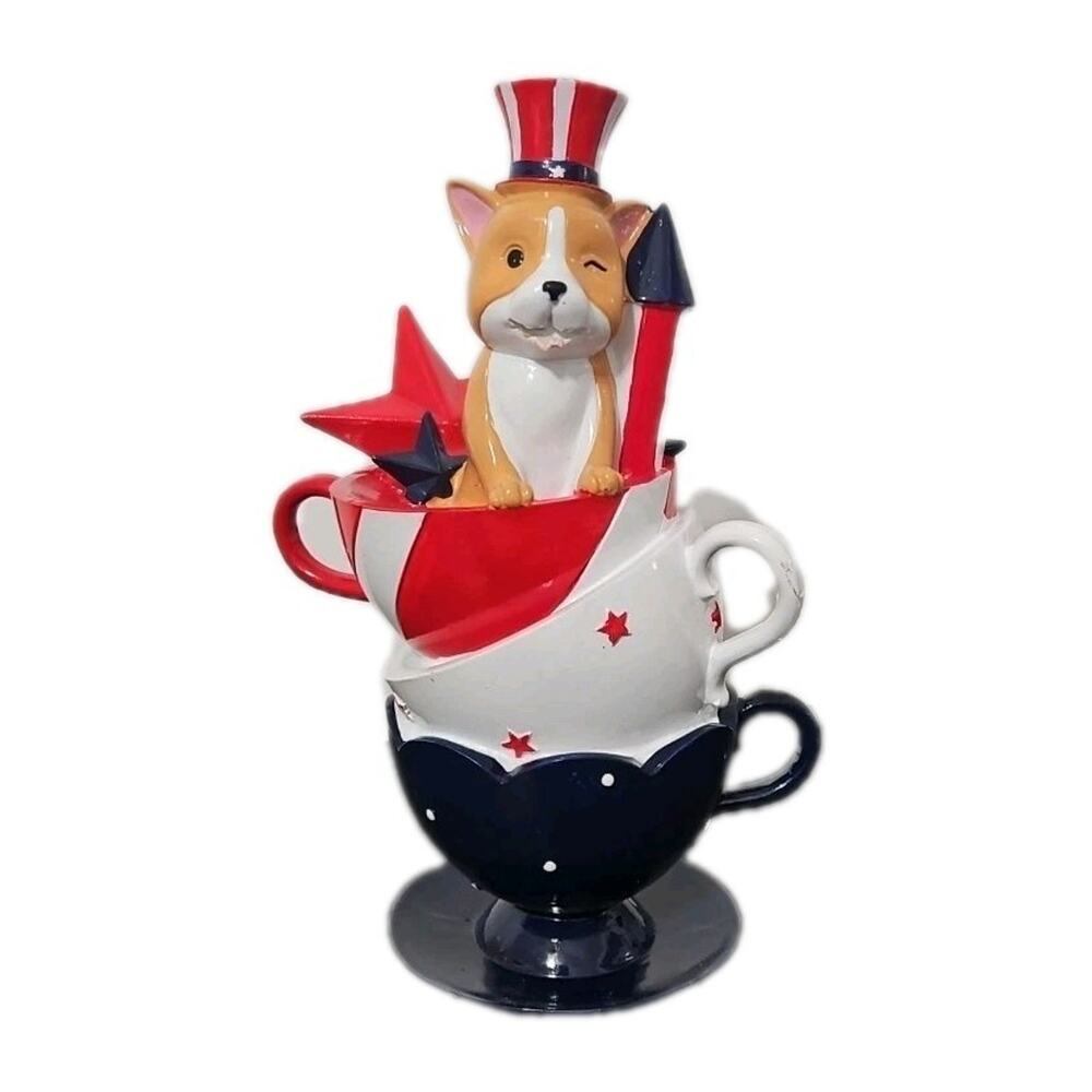 Patriotic Corgi Teacups Figurine 4th of July Uncle Sam Dog Decor Red Blue USA
